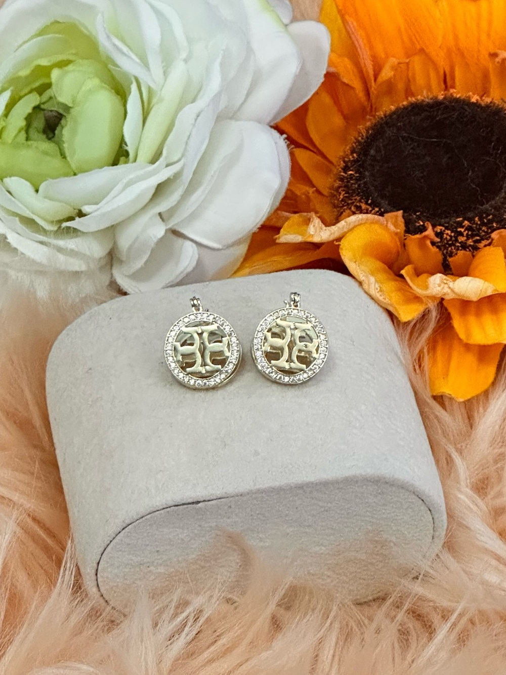 Tory Burch Round Logo Charm Earrings W/ Micro Pave Crystal Halo Hinge Clasp NEW!